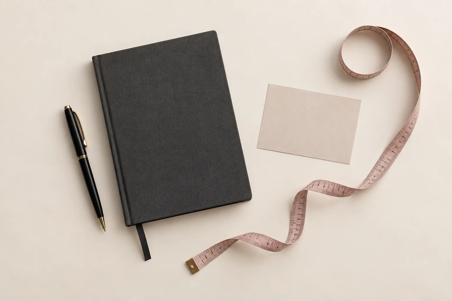 Notebook, pen, and measuring tape arranged on a seamless neutral background