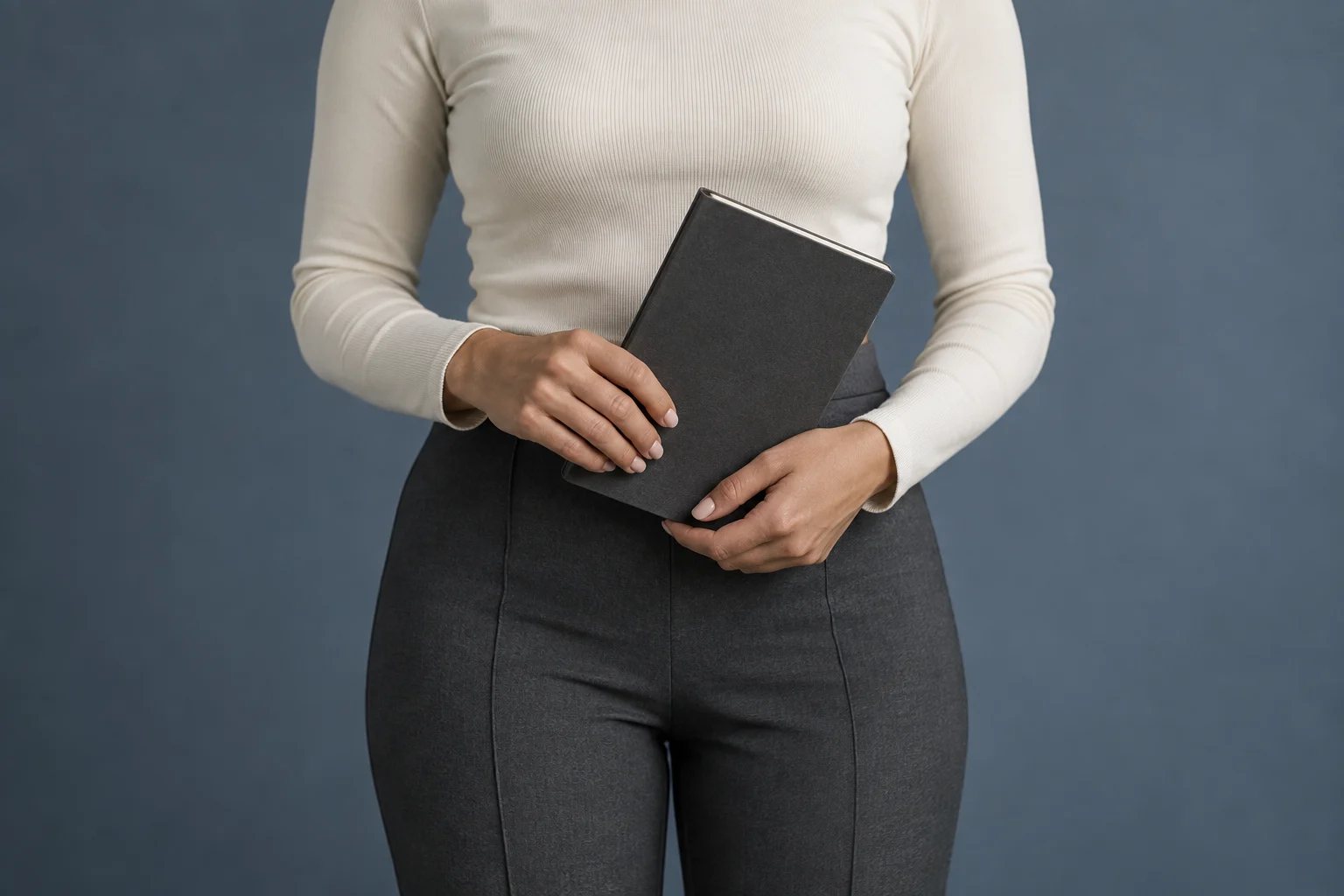 Face-free portrait of a fully clothed woman holding a blank notebook against a seamless background