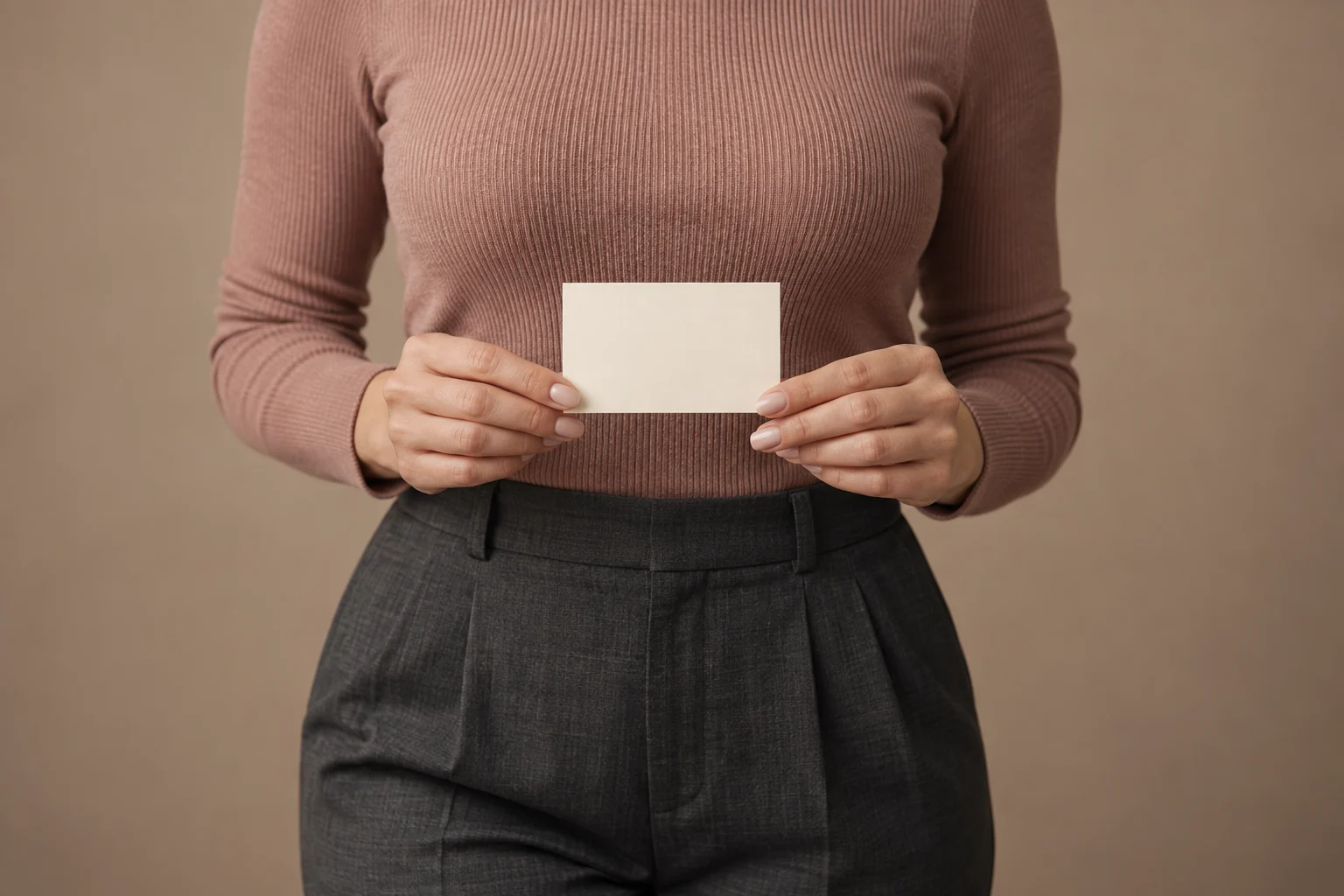 Face-free portrait of a fully clothed woman holding a blank appointment card against a seamless background