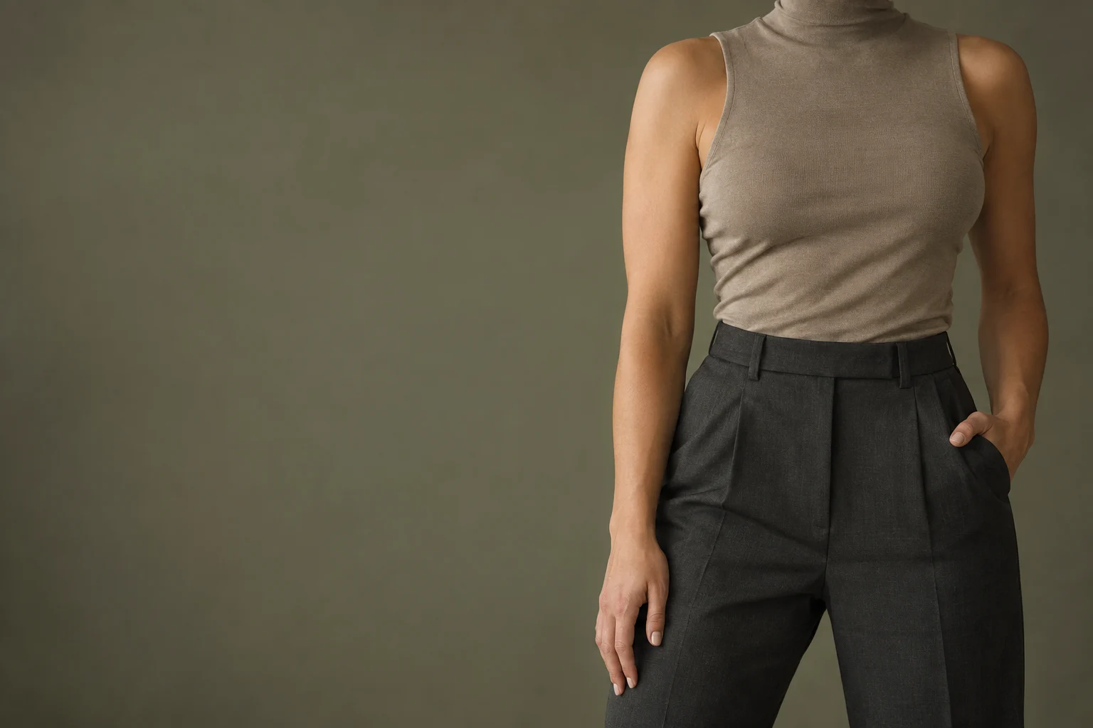 Close face-free portrait of a fully clothed woman against a muted olive backdrop
